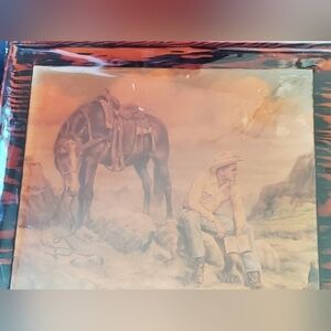 Glossy wood cowboy and horse art
